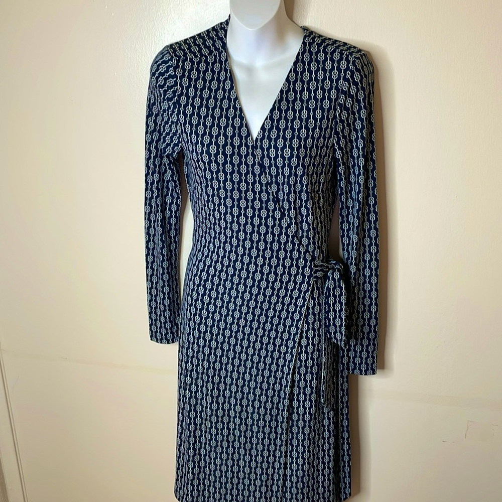 Ann Taylor | Chain Link Jersey Wrap
Dress | Navy blue, Size 4